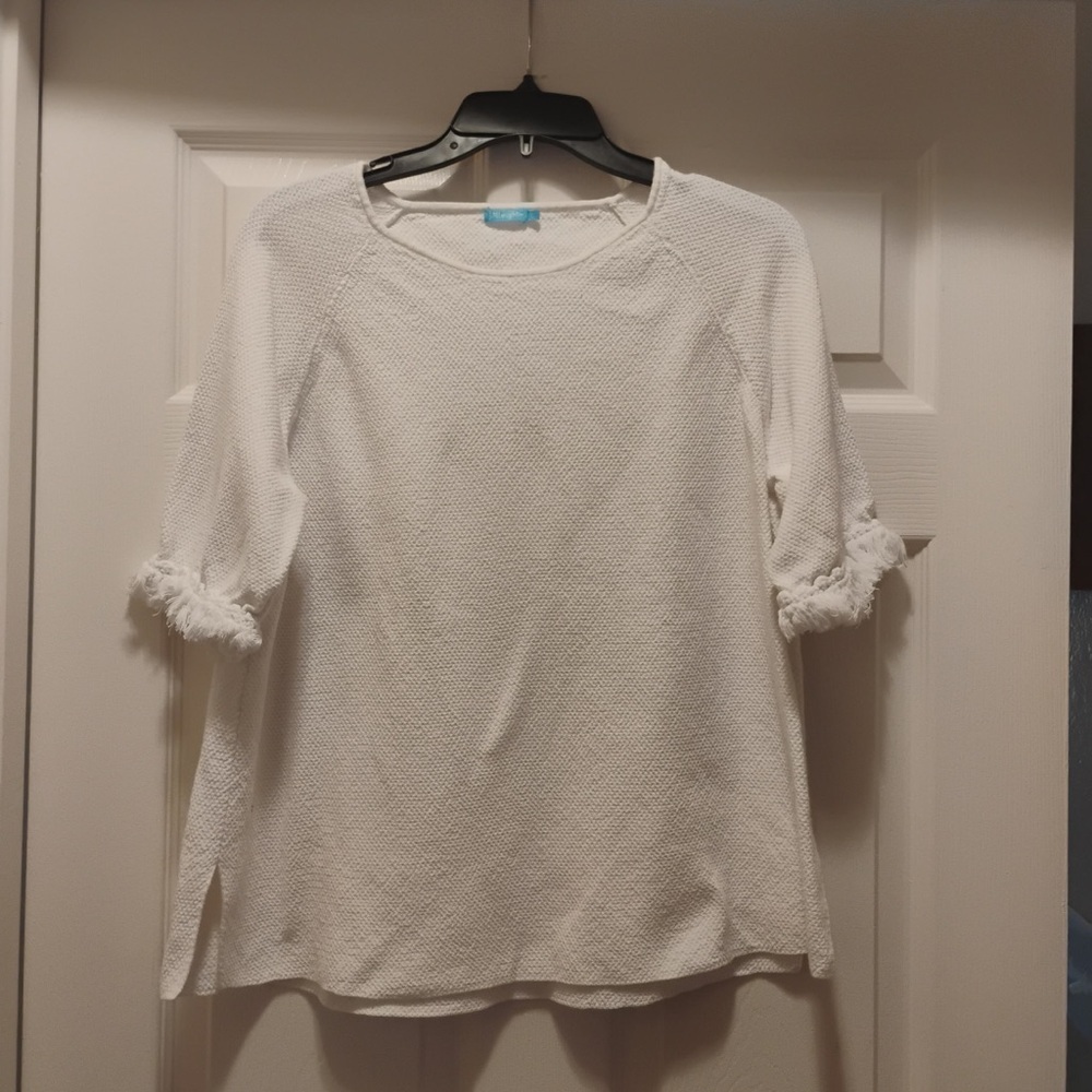 J.McLaughlin Women's Textured White Cotton Top with Fringe Sleeves Size L